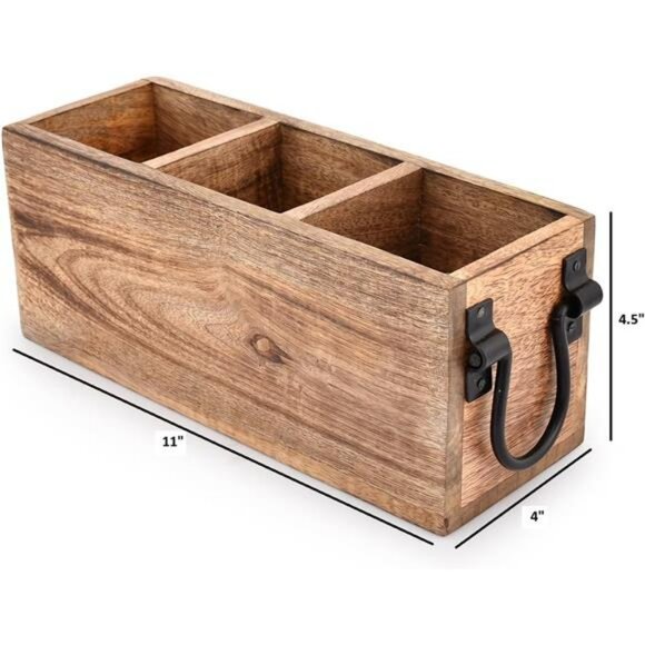 Mango wood cutlery holder utensil caddy kitchen countertop organizer rustic tray - Picture 3 of 7